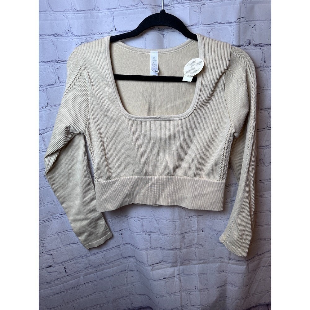 Aerie OFFLINE Ribbed Long Sleeve Top Square Neck Activewear Beige XL